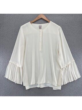 Chicos Top Womens 3 US 16 Ivory Chiffon Pleated 3/4 Bell Sleeve Button Up Shirt